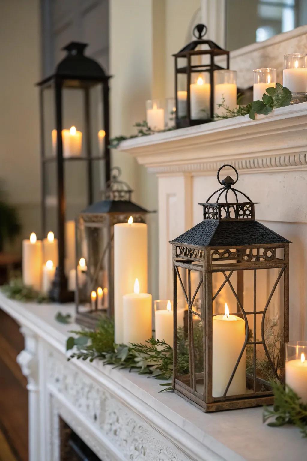 Lights and beacon lights arranged symmetrically on an autumnal mantel.
