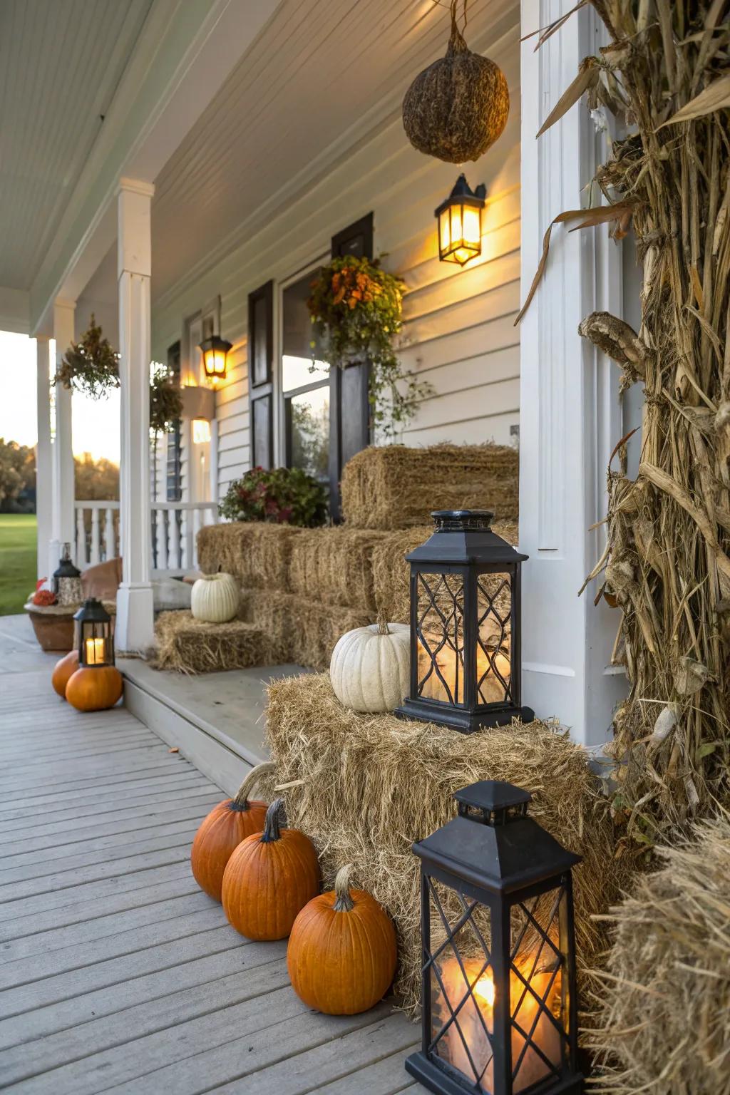 Unrefined straw bales and corn stalks establish an endearing setting for fall ornamentation.