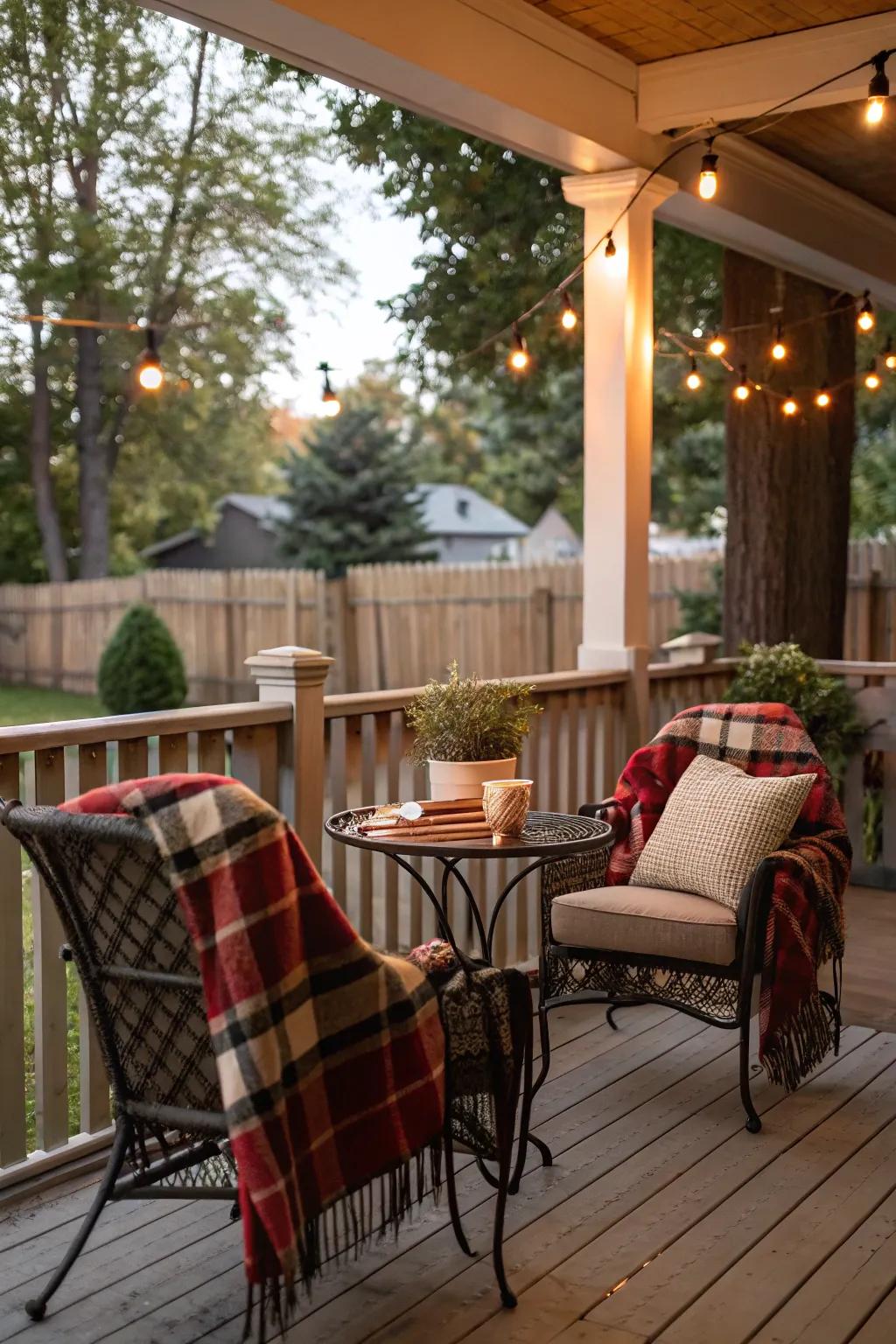 Checkered textiles impart a cozy sensation to your fall porch seating arrangements.