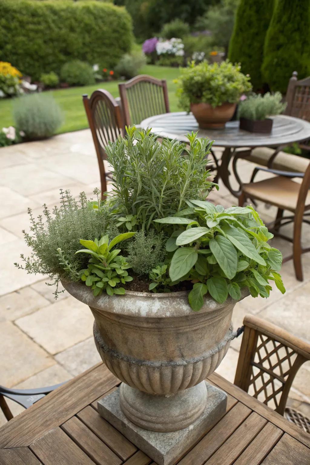 Aromatic herbs in a fall urn planter.