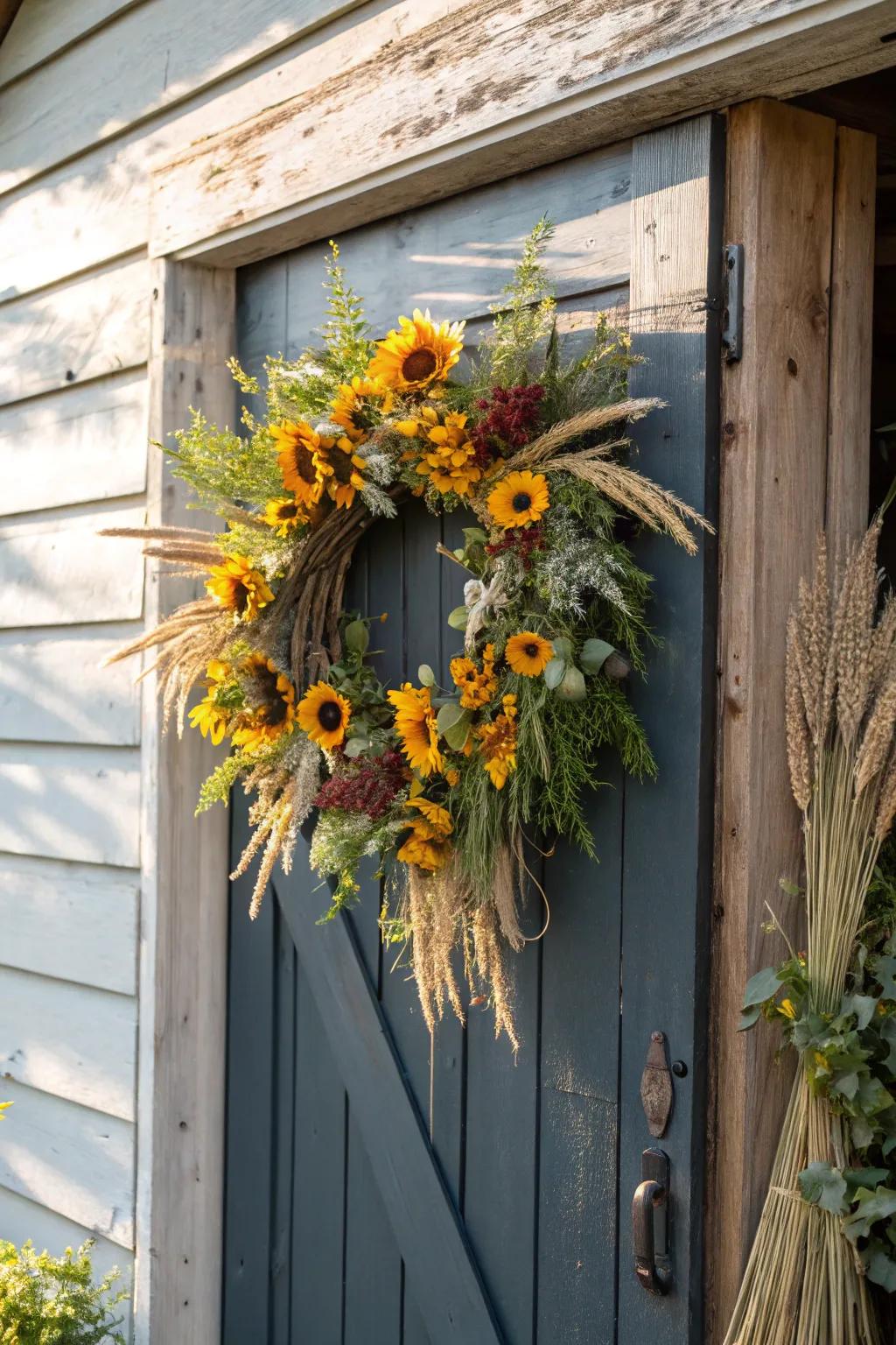 Golden blooms and grain channel the essence of harvest to your doorway.