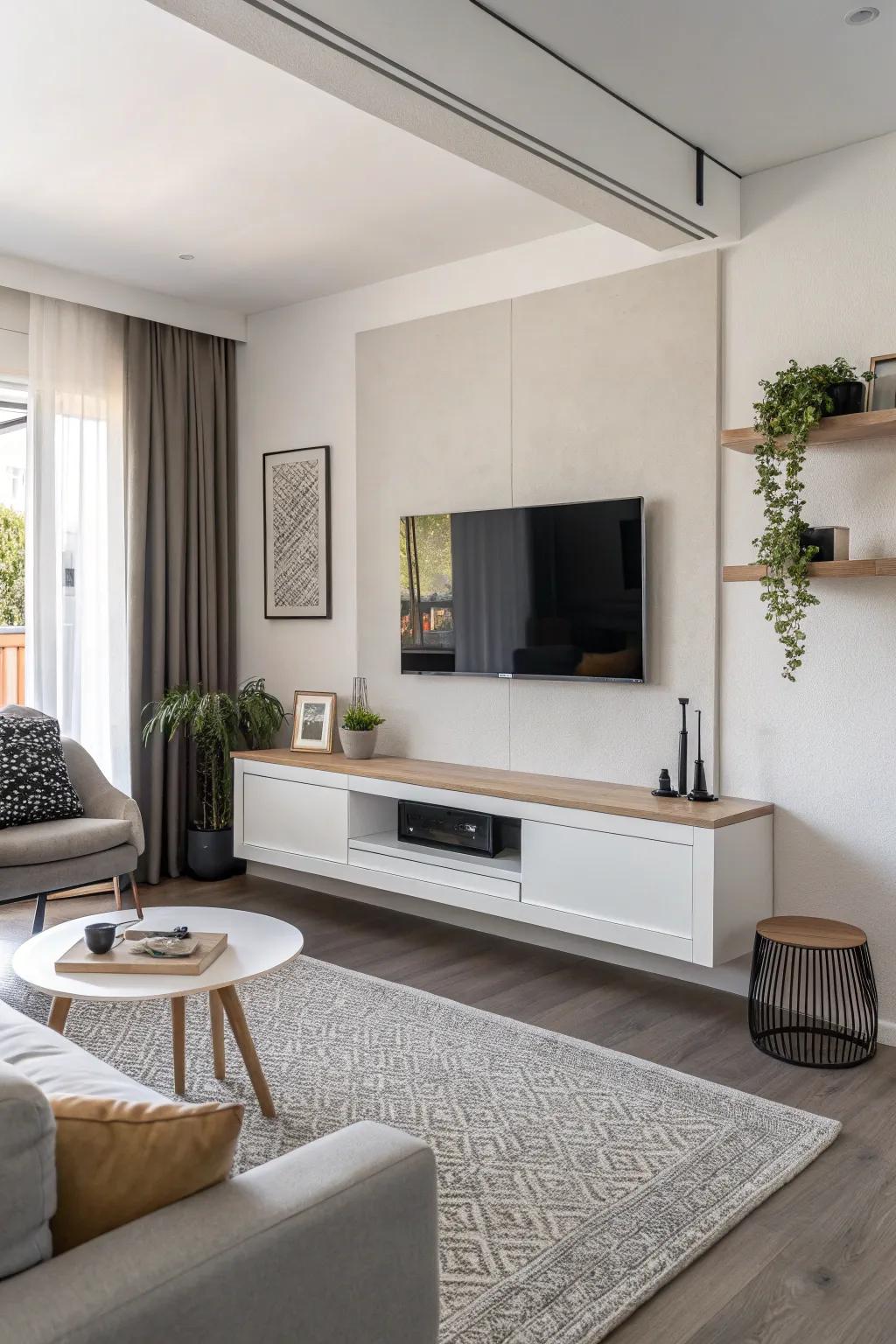 A minimalist floating console keeps the TV area neat and uncluttered.