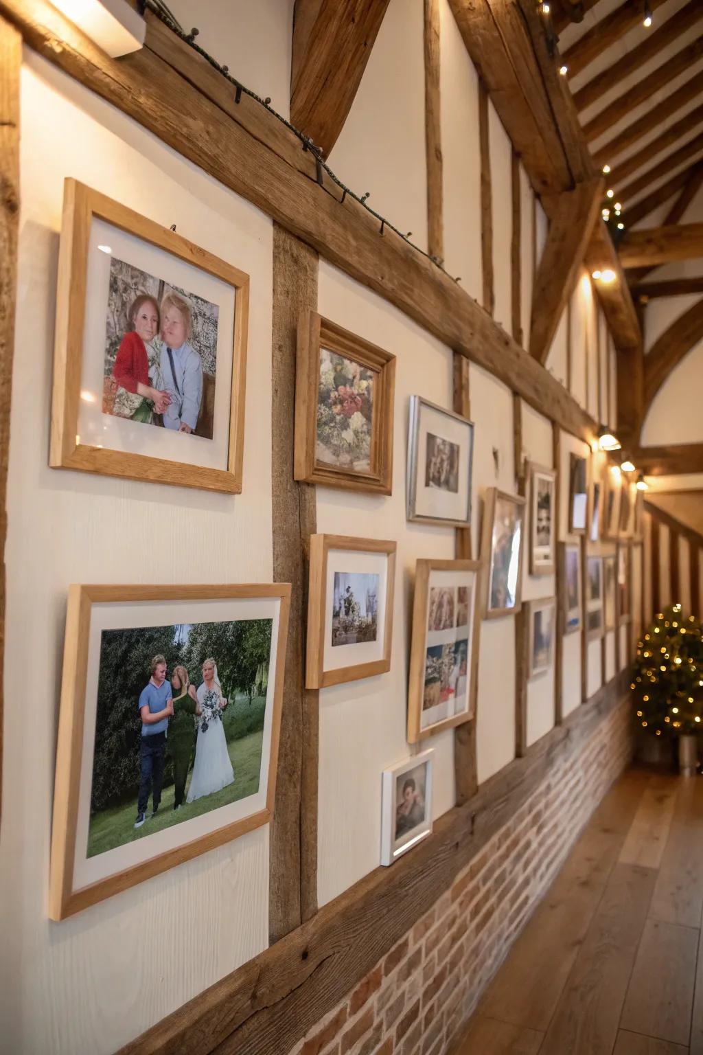 Country-style family wall with wooden frames imparting warmth and charm.