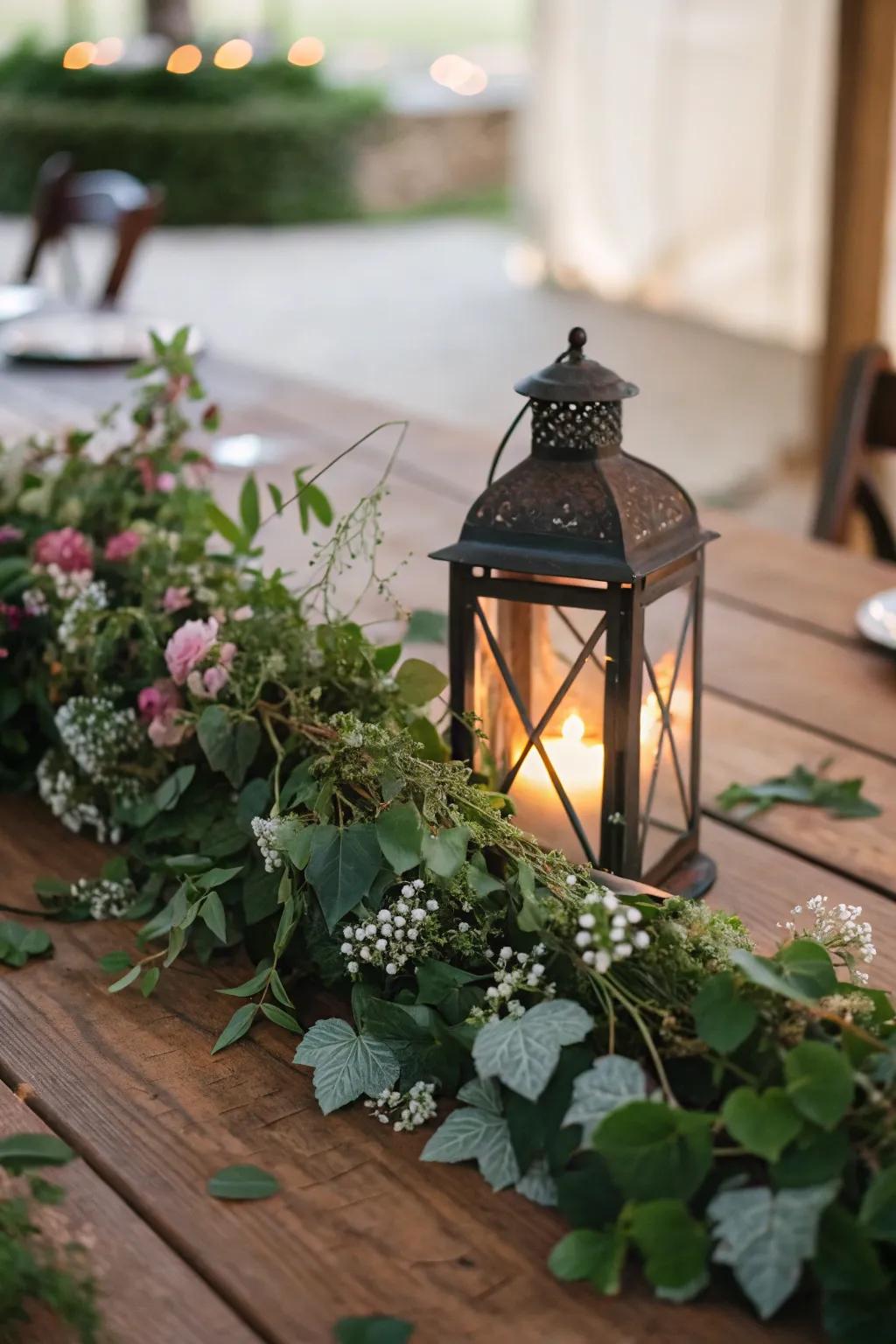A vintage lantern surrounded by verdure adds a snug luminescence.