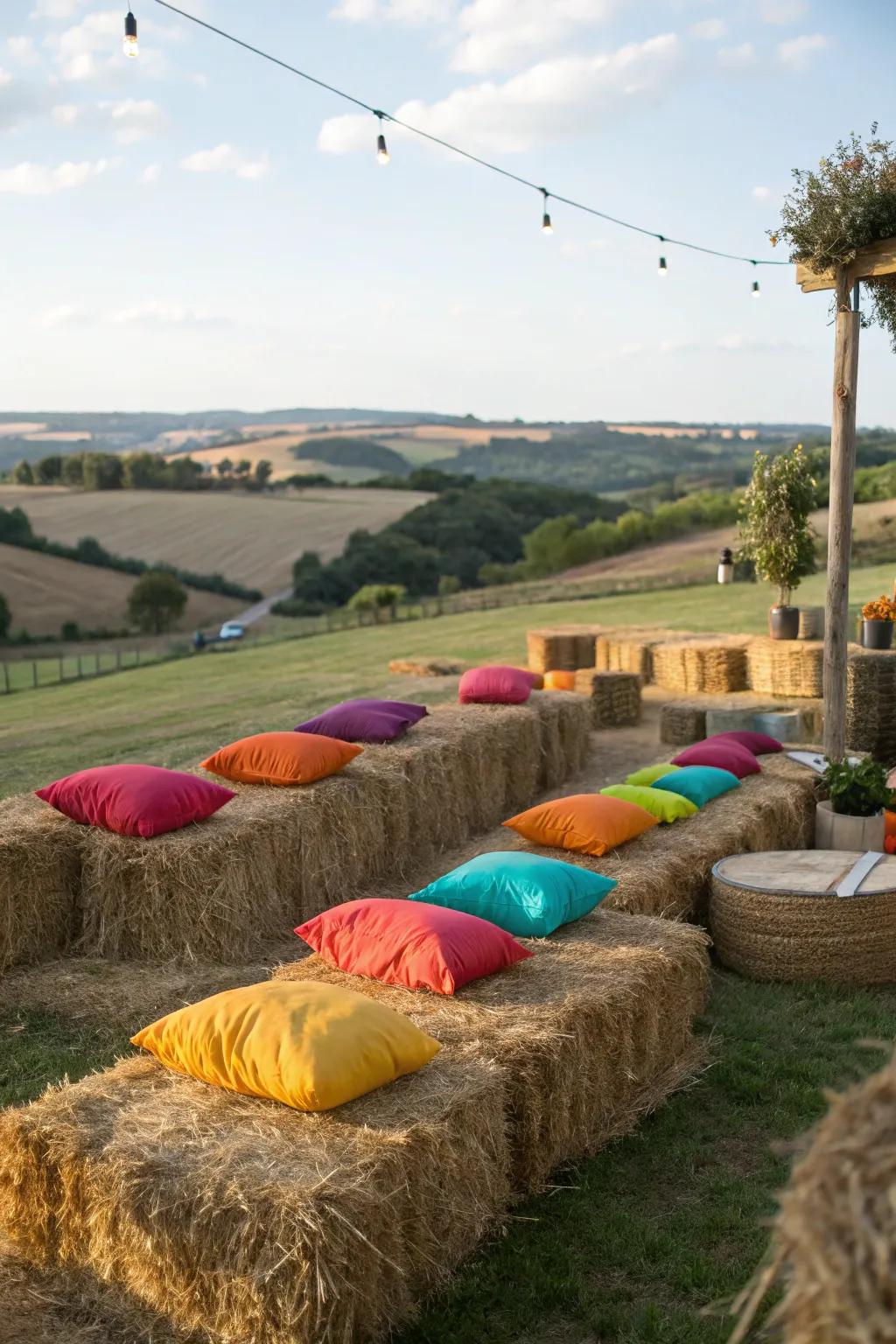 Compressed hay arranged as seating delivers a rustic and playful seating resolution.