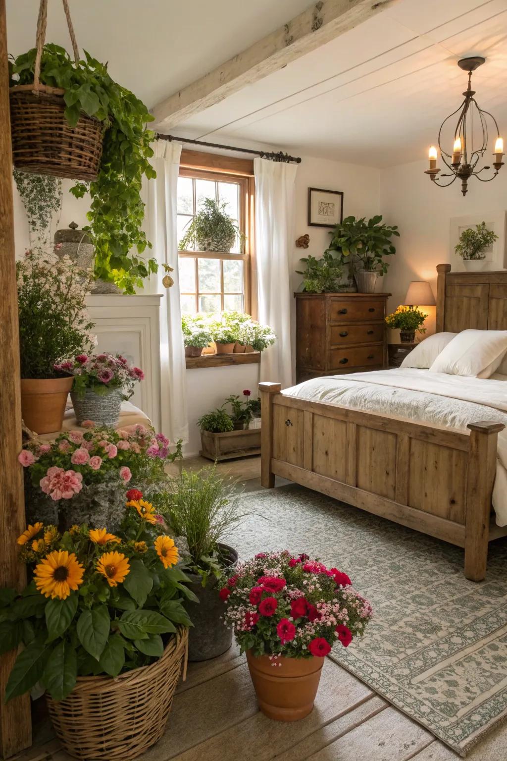 Natural elements bring life and tranquility to the farmhouse bedroom.