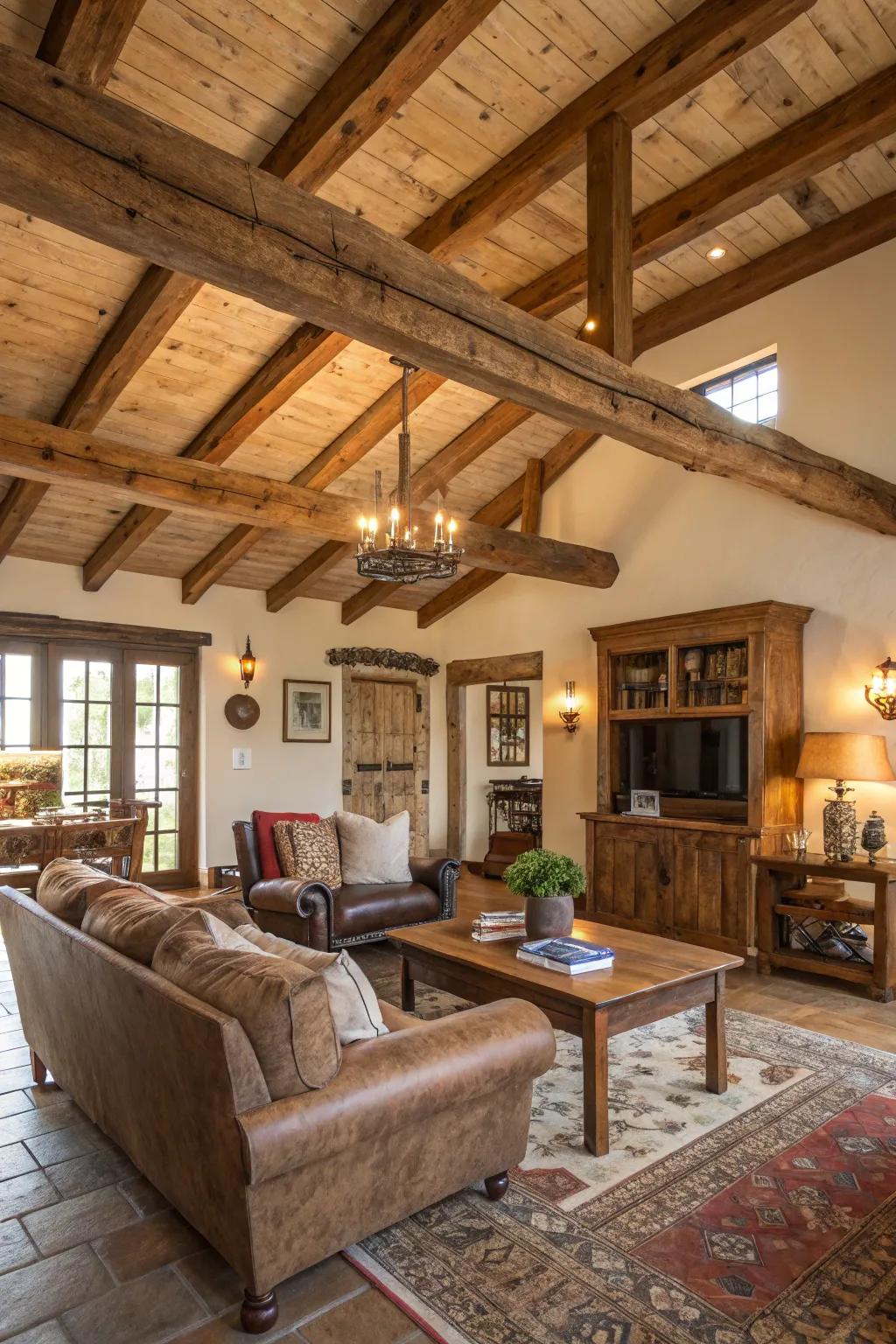 Repurposed timber ceilings infuse charisma and legacy into this farmhouse living room.