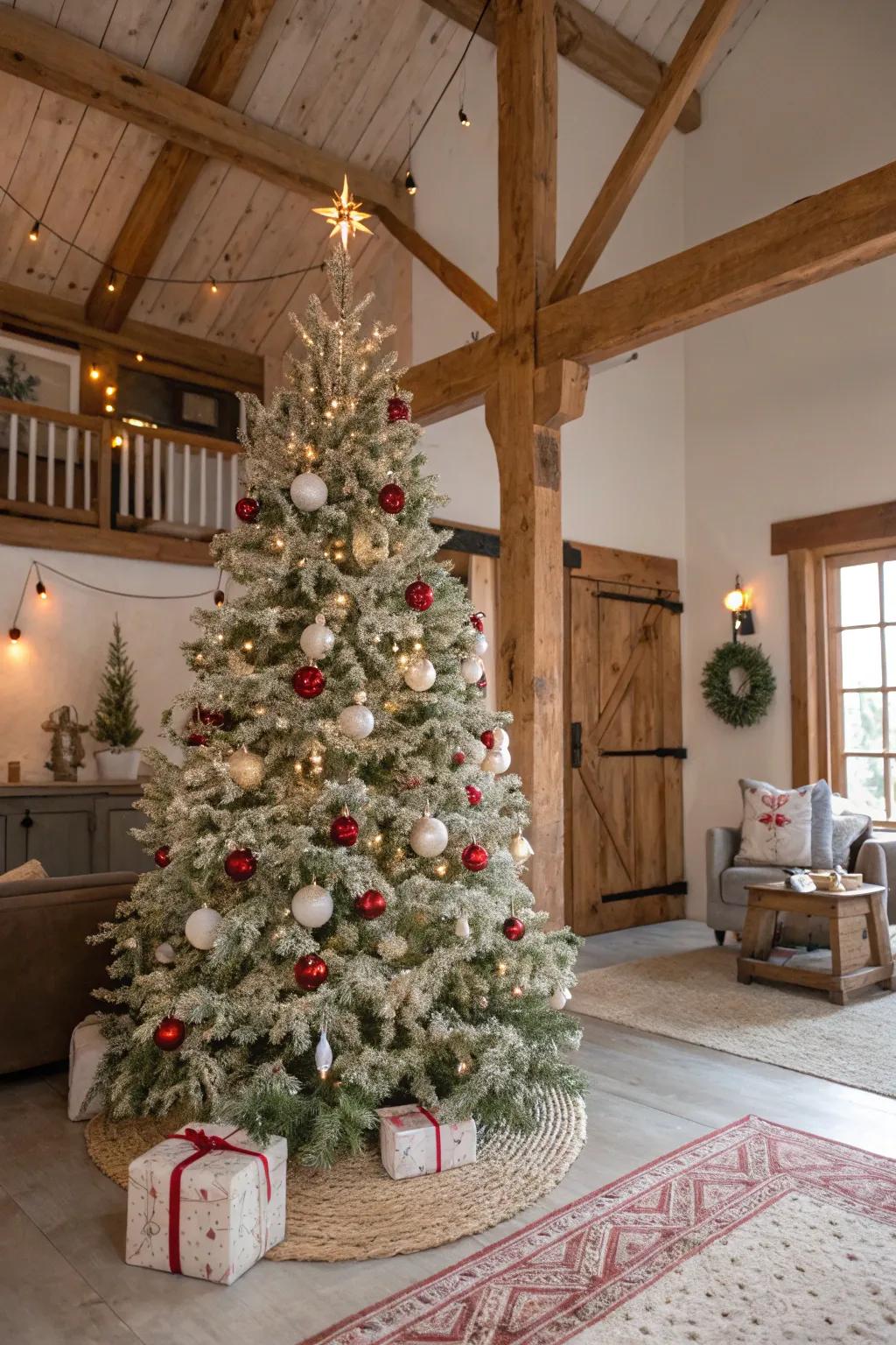 A soft color palette creates a calm and elegant farmhouse Christmas tree.
