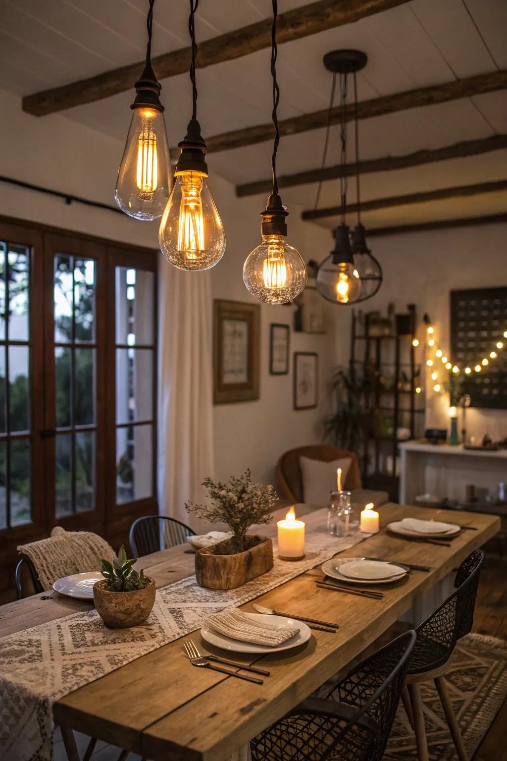 Filament bulbs contribute a timeless vintage charm to your dining space.