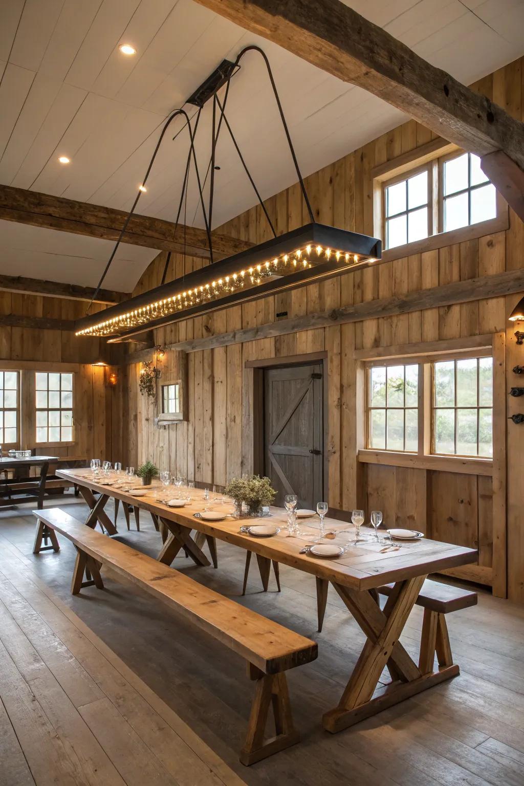 Level illumination enhances the vibe of a lengthy dining table.