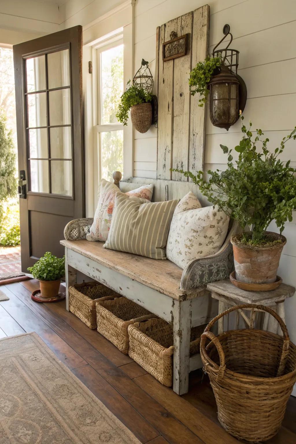 A bench with an aged patina adds timeless charm to the entryway.
