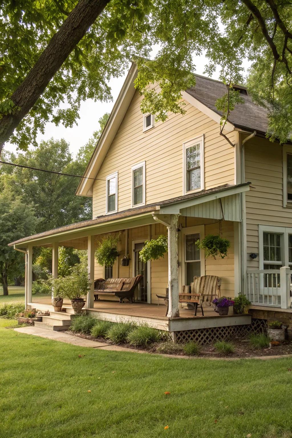 Welcoming beige brings timeless charm to this farmhouse.