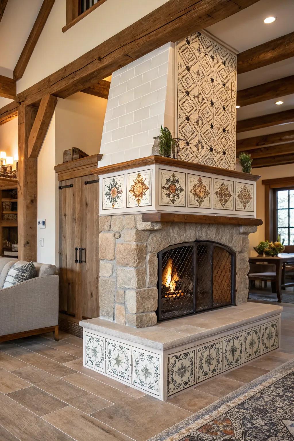 A textured farmhouse fireplace with layered materials.