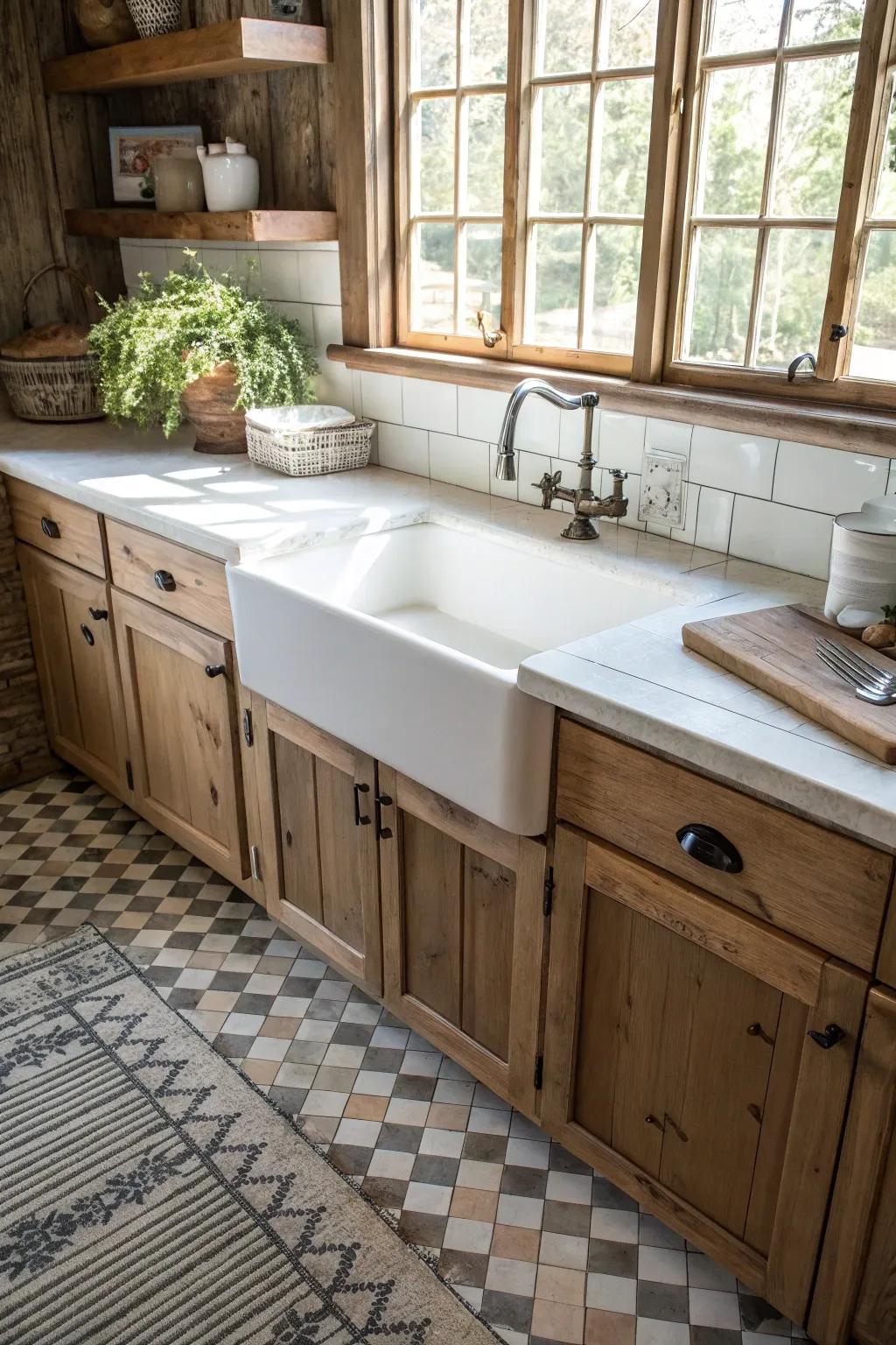A farmhouse kitchen featuring a light porcelain farmhouse basin.