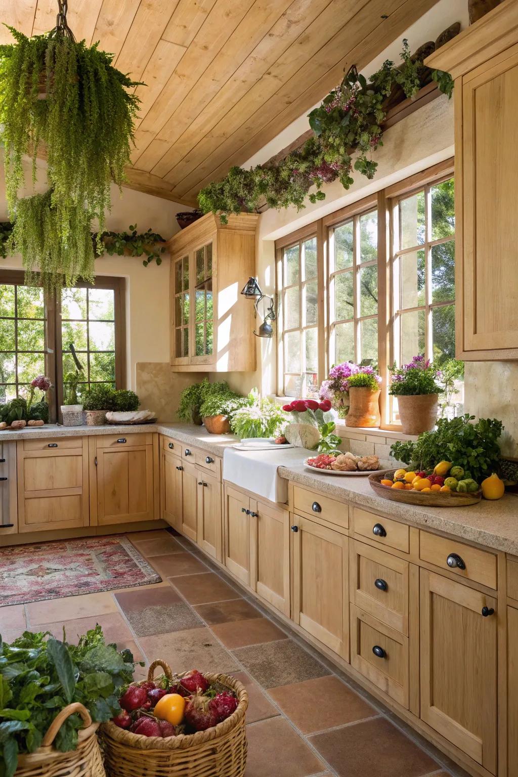 Greenery adds a natural touch to a kitchen with light wood cabinets.