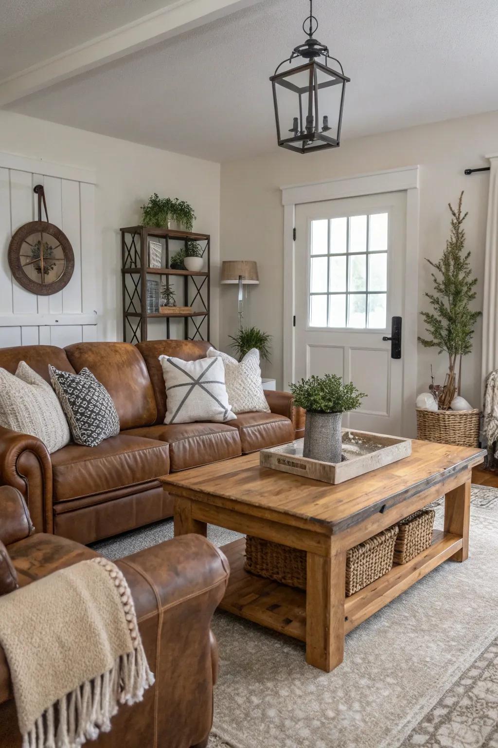 Neutral colors establish a tranquil and balanced country house family room.