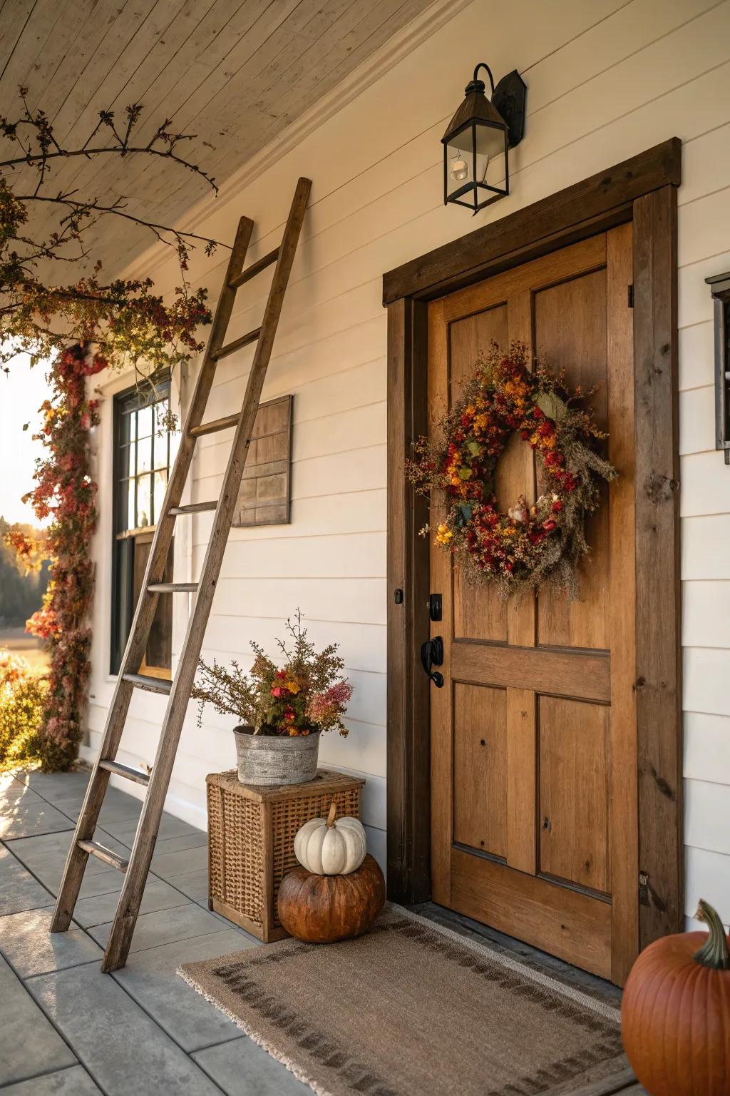 A ladder adorned with a seasonal wreath in the entryway