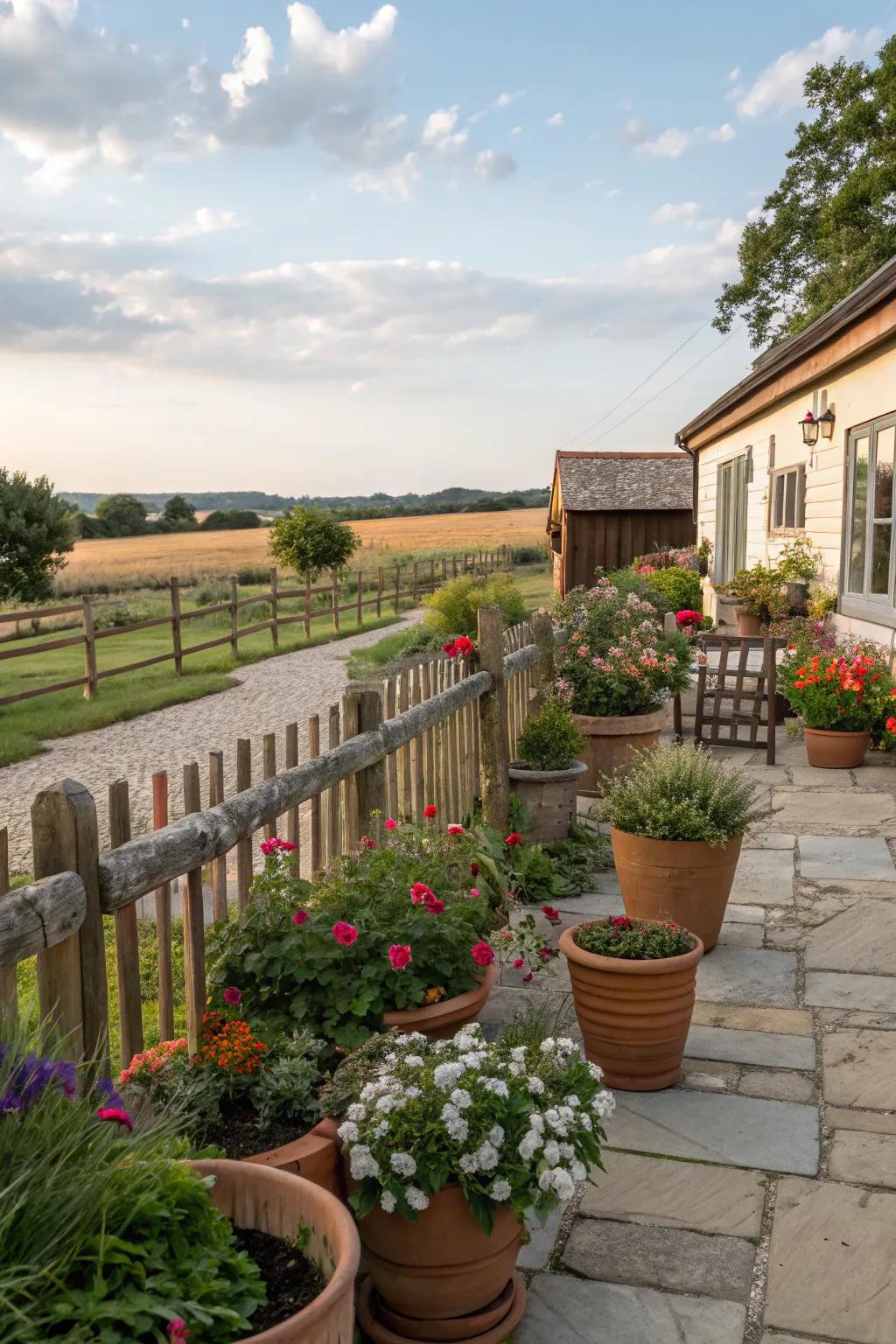 Lush potted plants add lively greenery to a farmhouse patio.