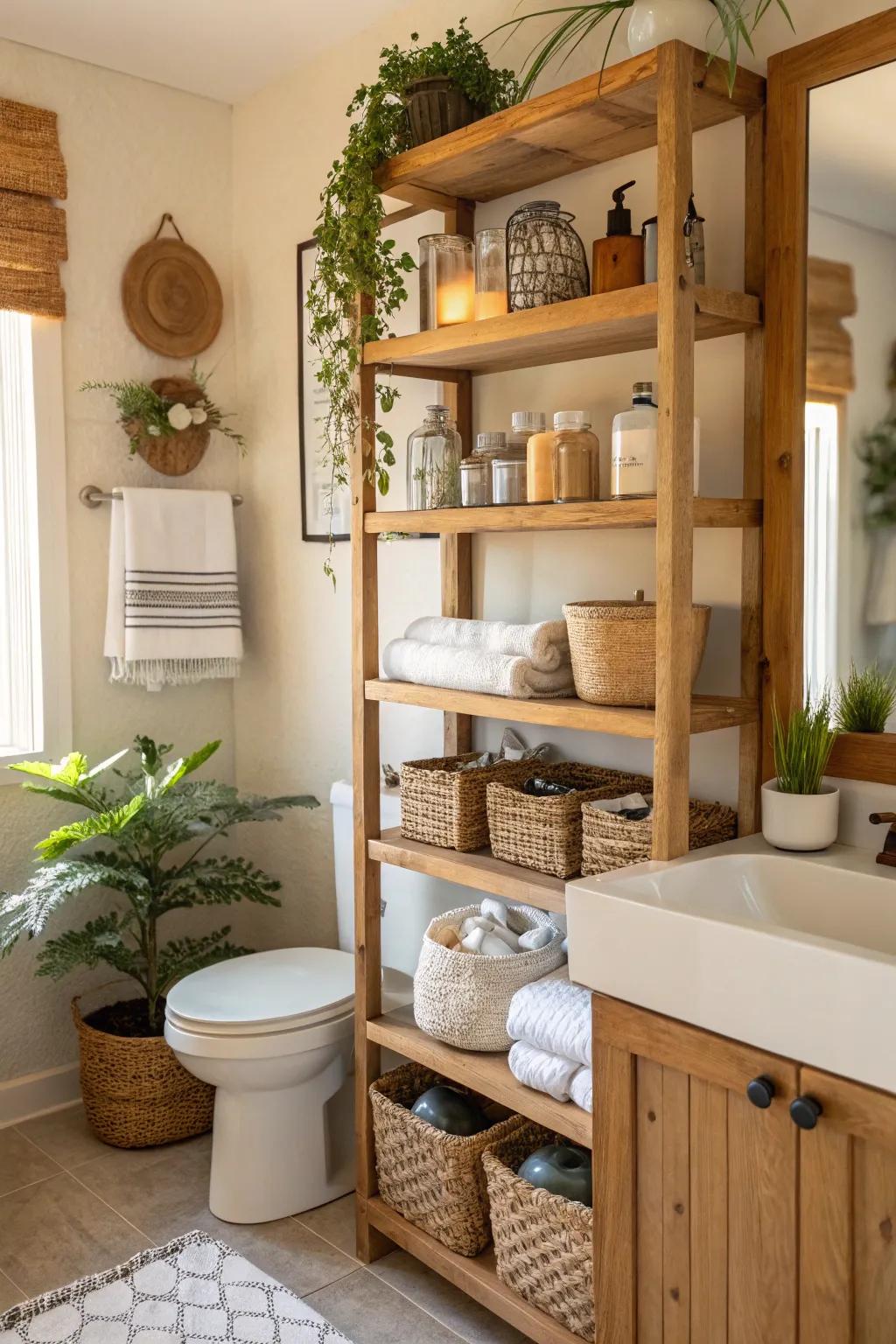 Visible timber shelving delivers stylish storage in this farmhouse bathroom.