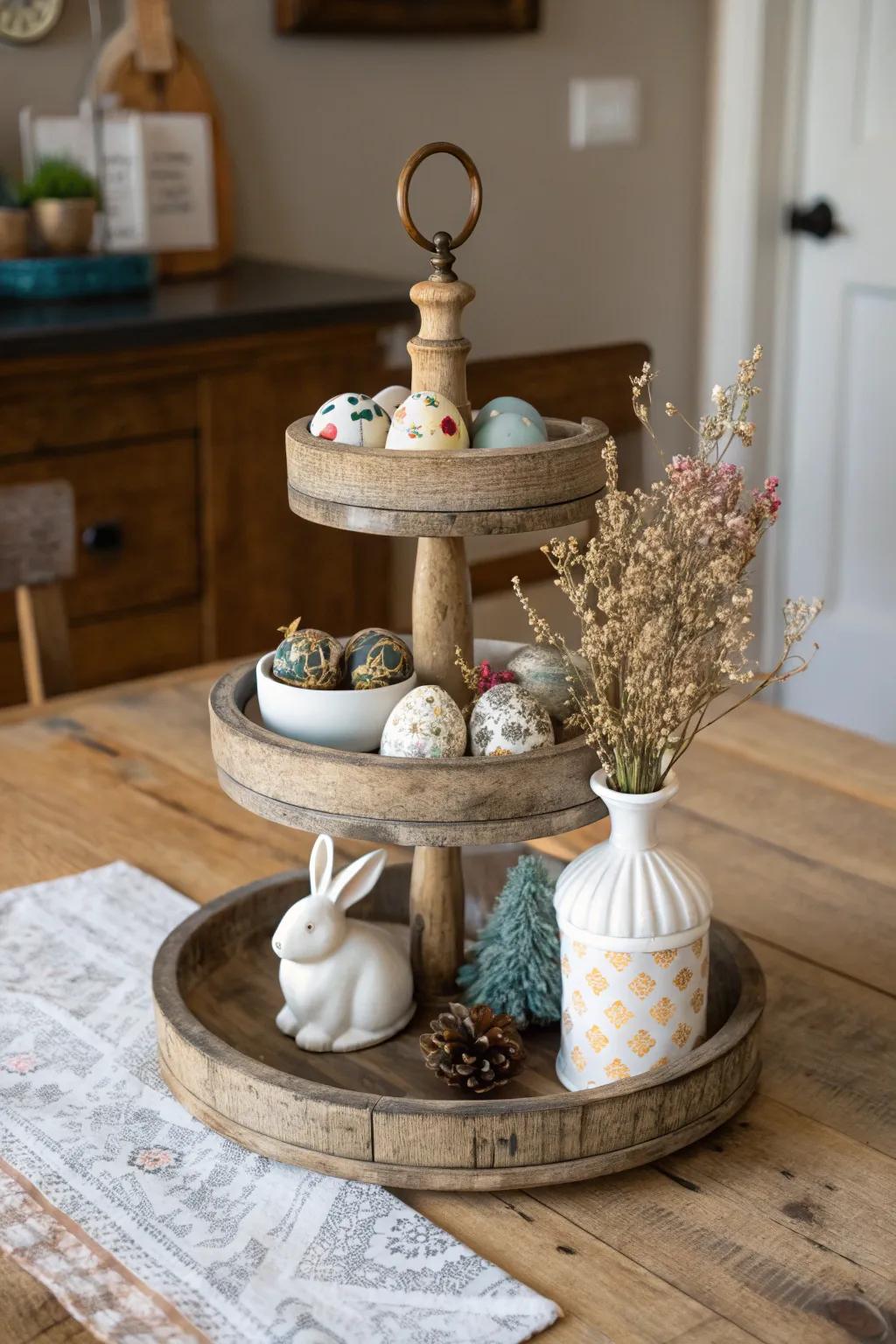 A tiered wooden stand brings height and visual dimension to your farmhouse table's centerpiece.