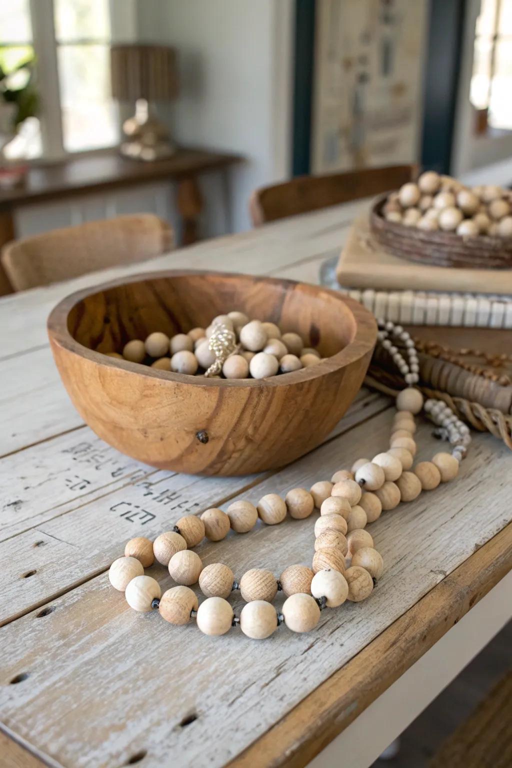 Wood bead garland in a rustic dough bowl.