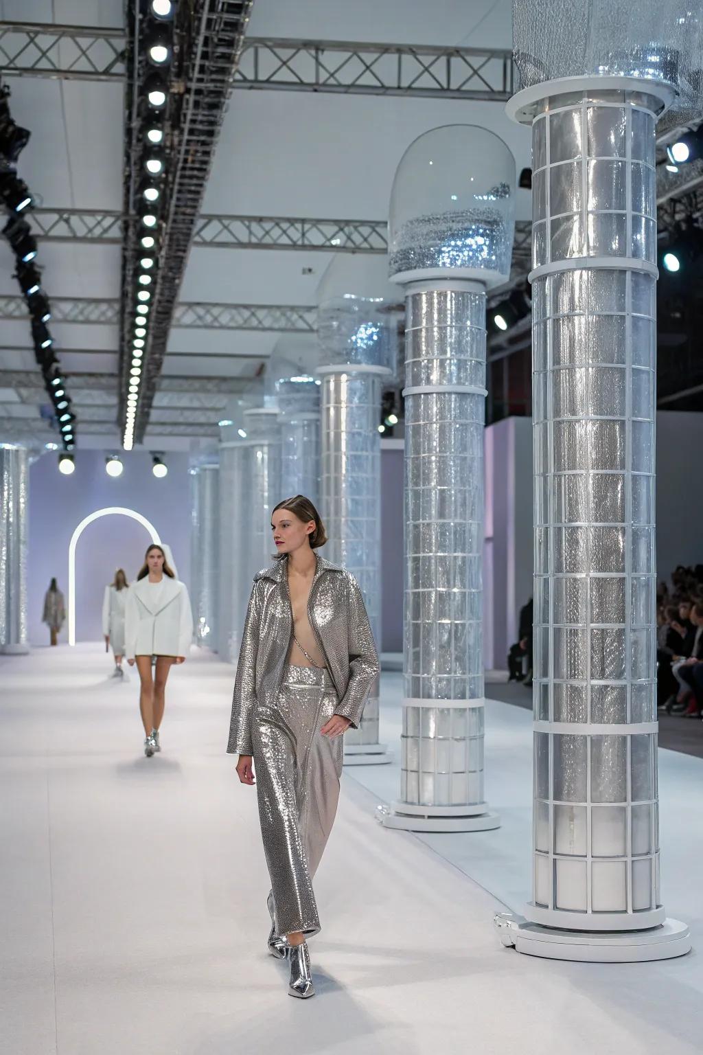Sleek metallic structures lend a modern vibe to this fashion runway.