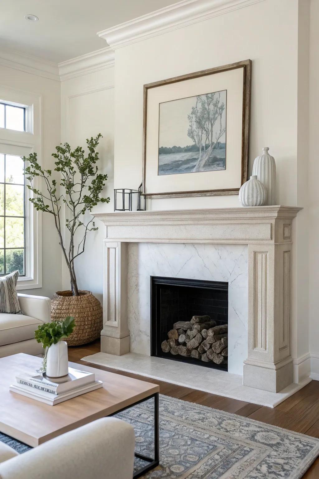 An elegant, minimalistic artificial fireplace surface with understated grace.
