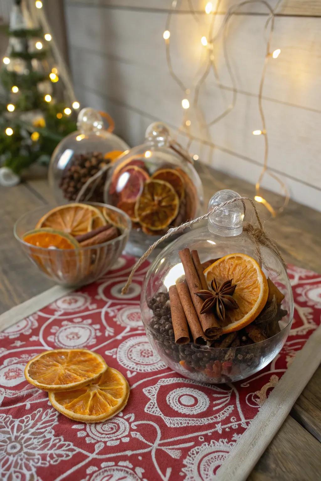Ornaments packed with spices to emanate a seasonal scent.
