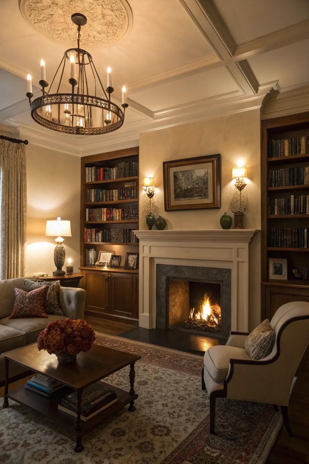 A living room with a fireplace alcove, beautifully lit by a mix of lighting fixtures.