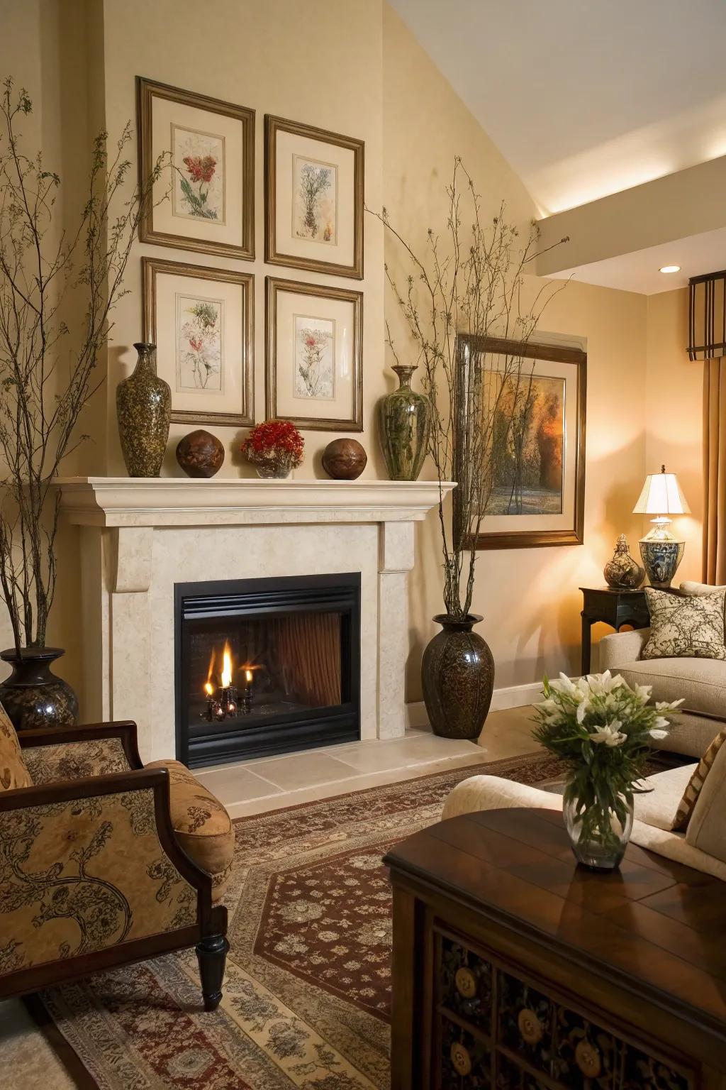 Decorative highlights introduce charm and character to the fireplace area.