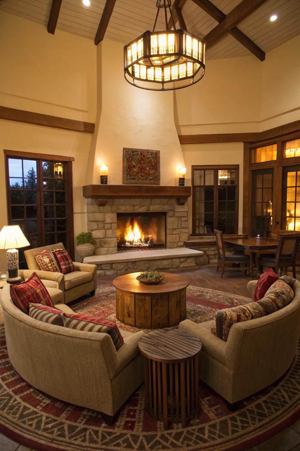 An alluring living space featuring a central fireplace and a rounded seating design.