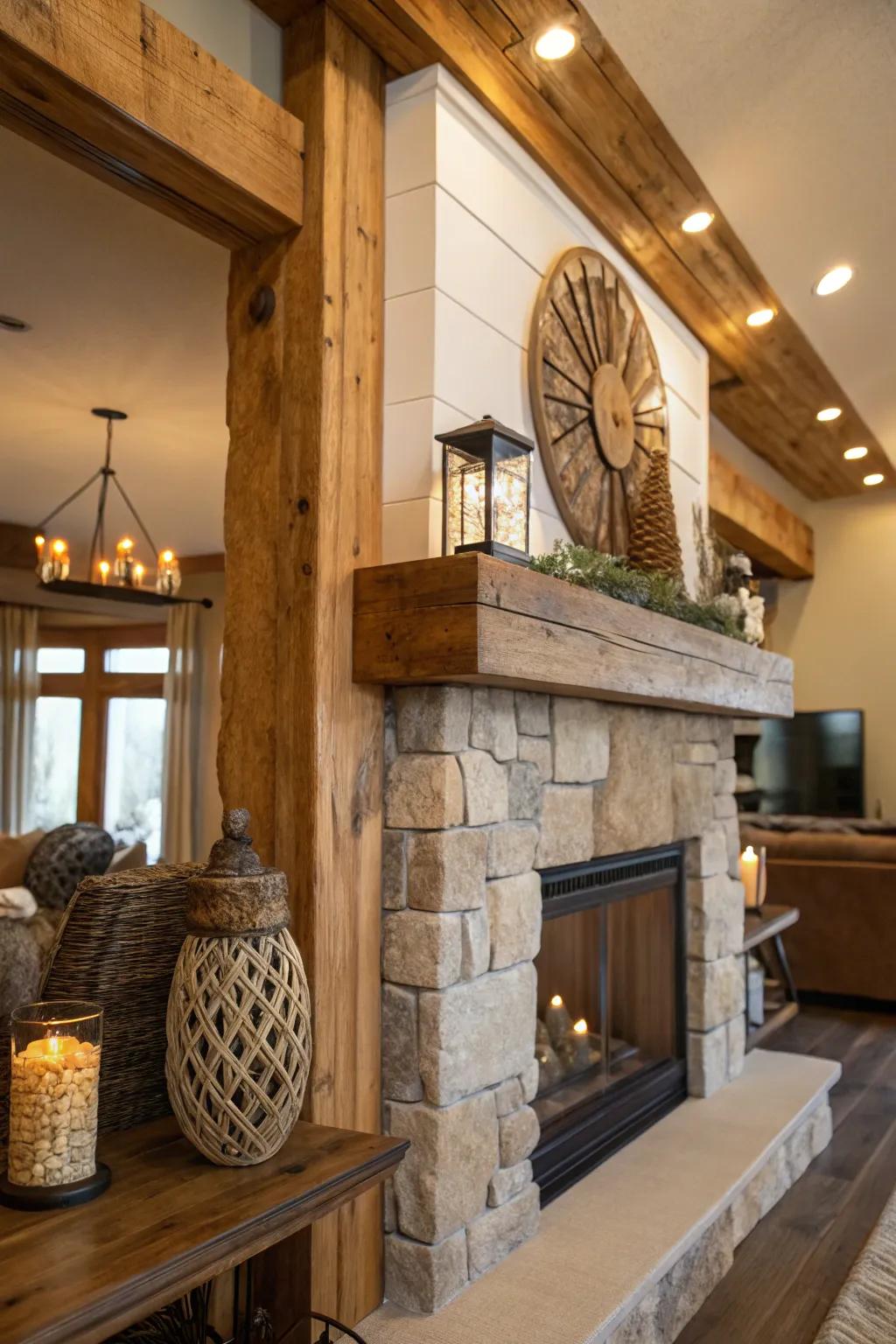 A rustic mantel highlighted with charming wooden accents.