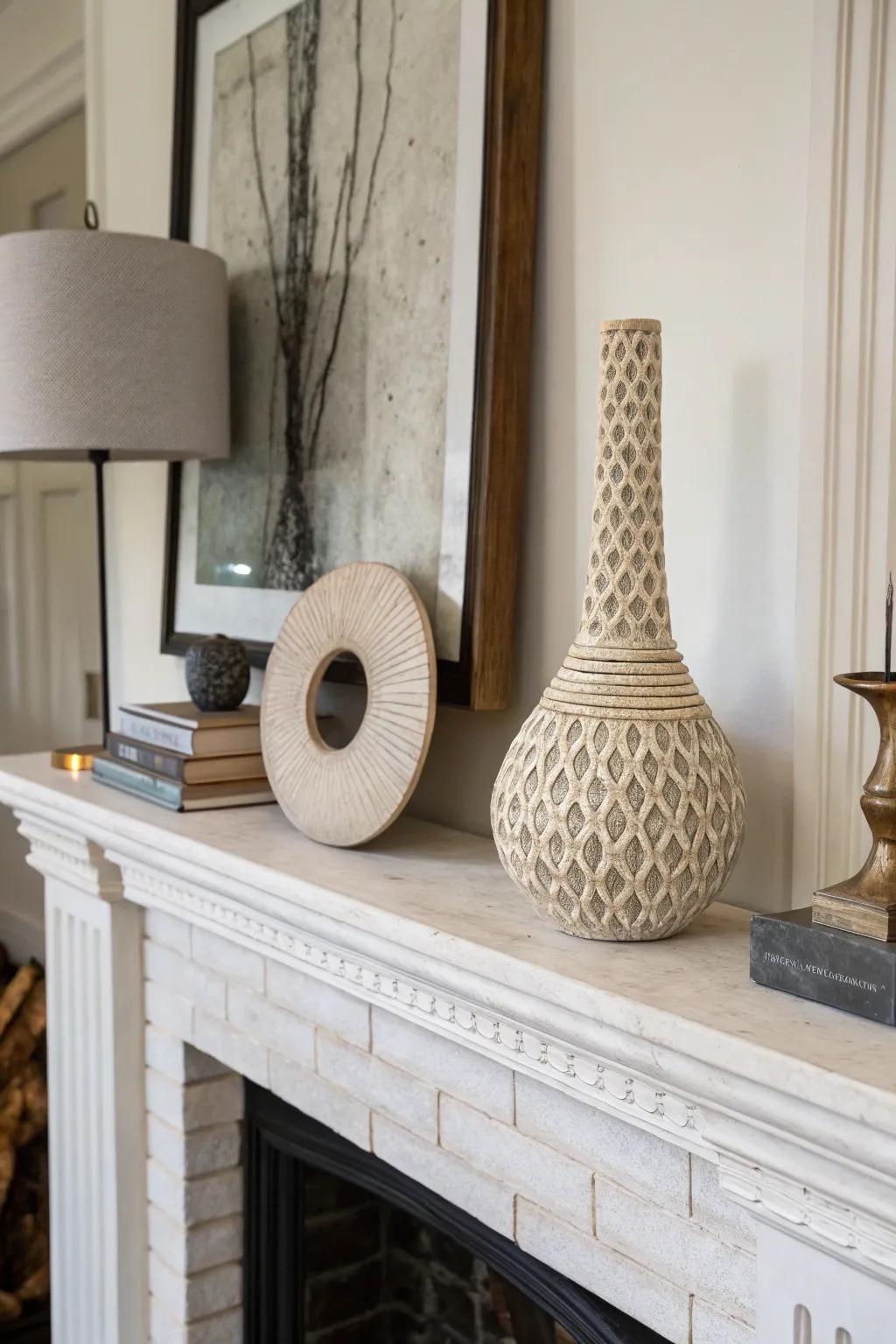 A sculpted artwork draws attention and adds aesthetic flair.