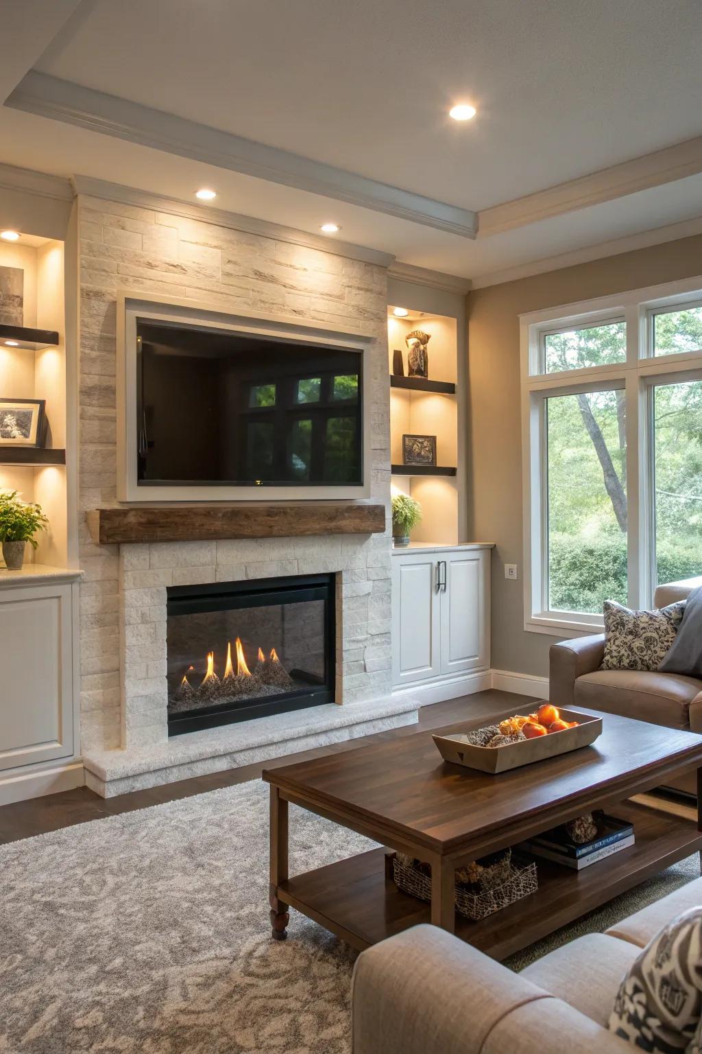 Combine entertainment and coziness with a TV-mounted fireplace.