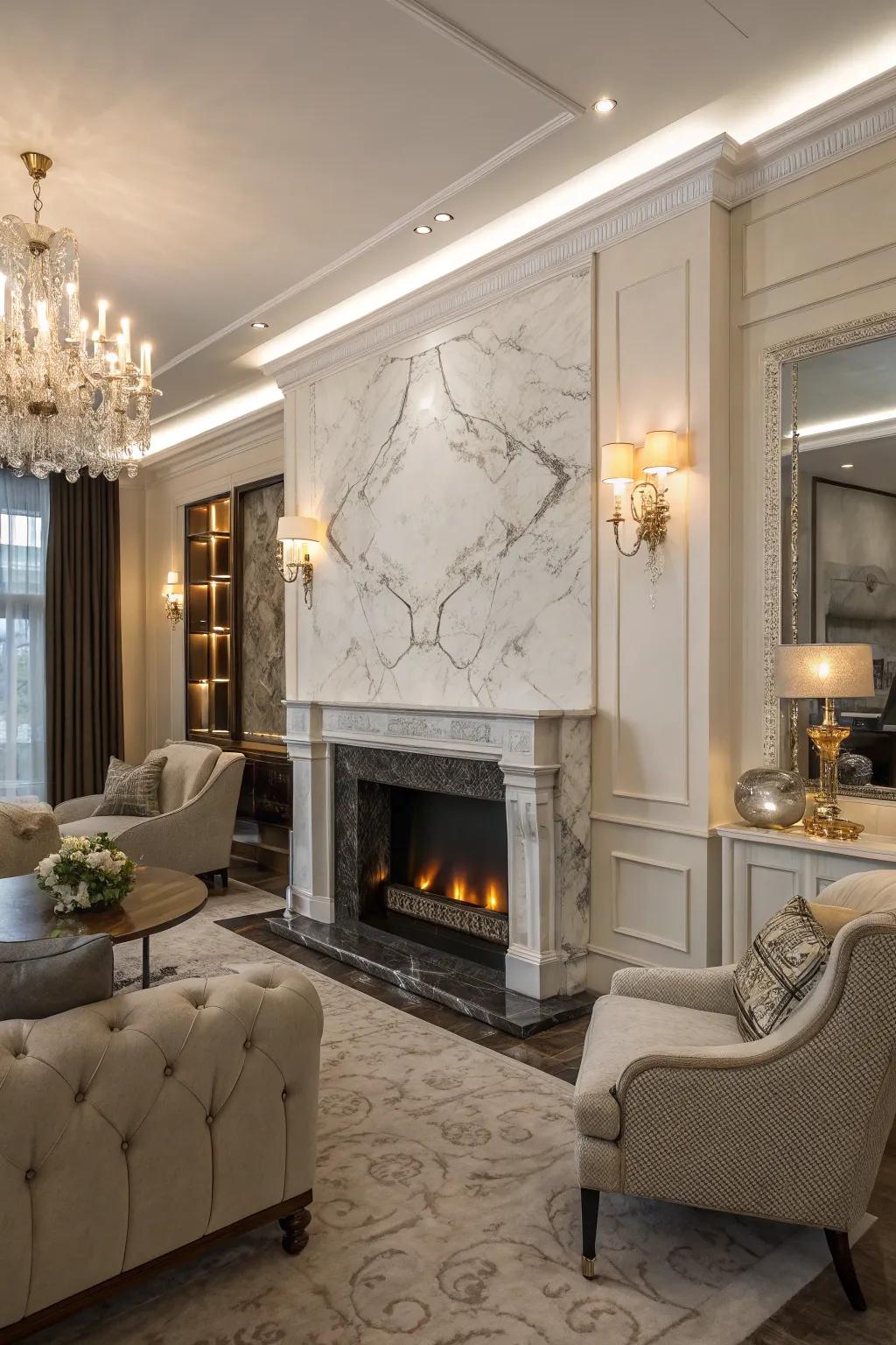 This remarkable fireplace wall showcases marble elegance at its best.