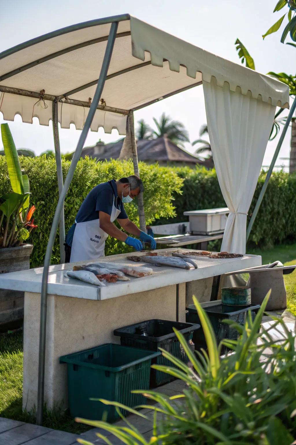 You stay dry while working under a weatherproof canopy.