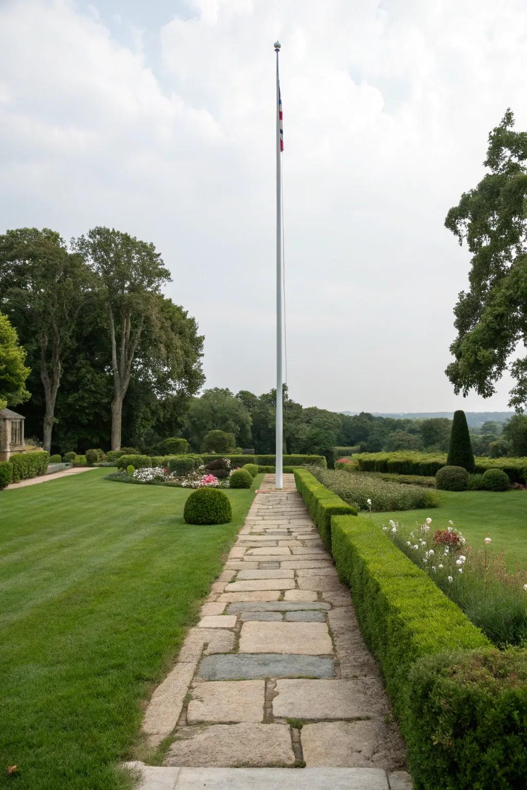 A stone pathway offers a welcoming route to a freedom pole.