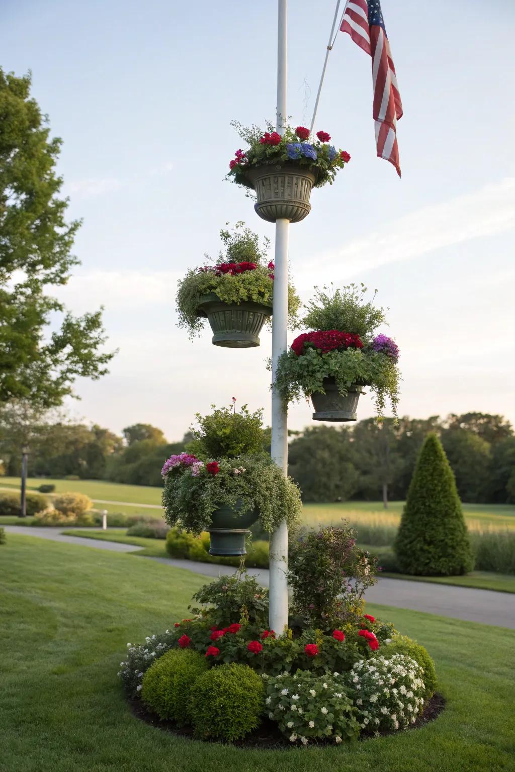 Staged plants contribute dimension and charm to flagpole landscaping.