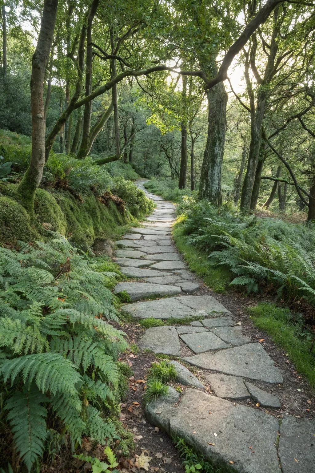 An earthy sandstone path nestled amidst a tranquil woodland setting.