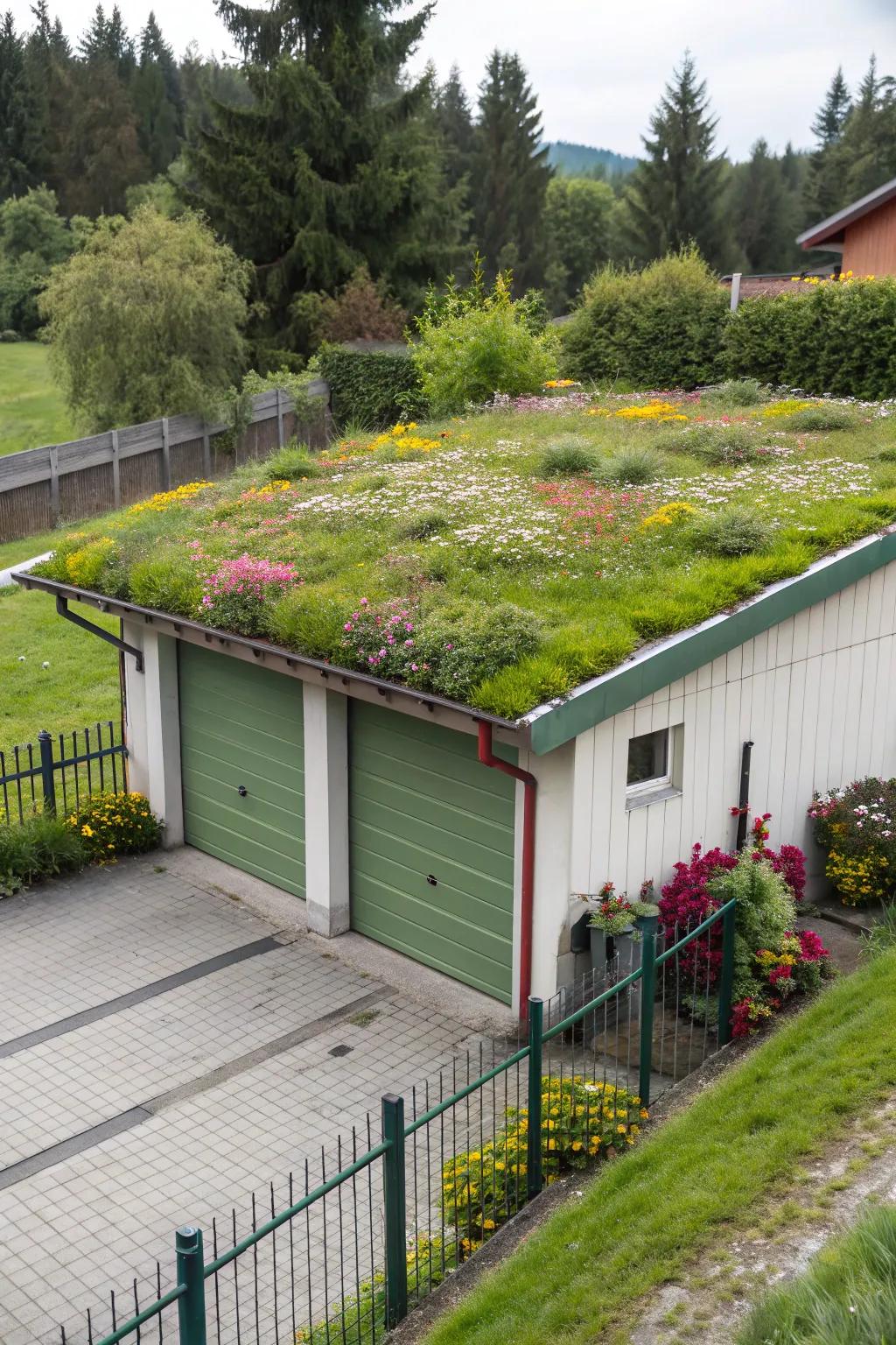A verdant roof on a flat roof garage enhances sustainability and looks.