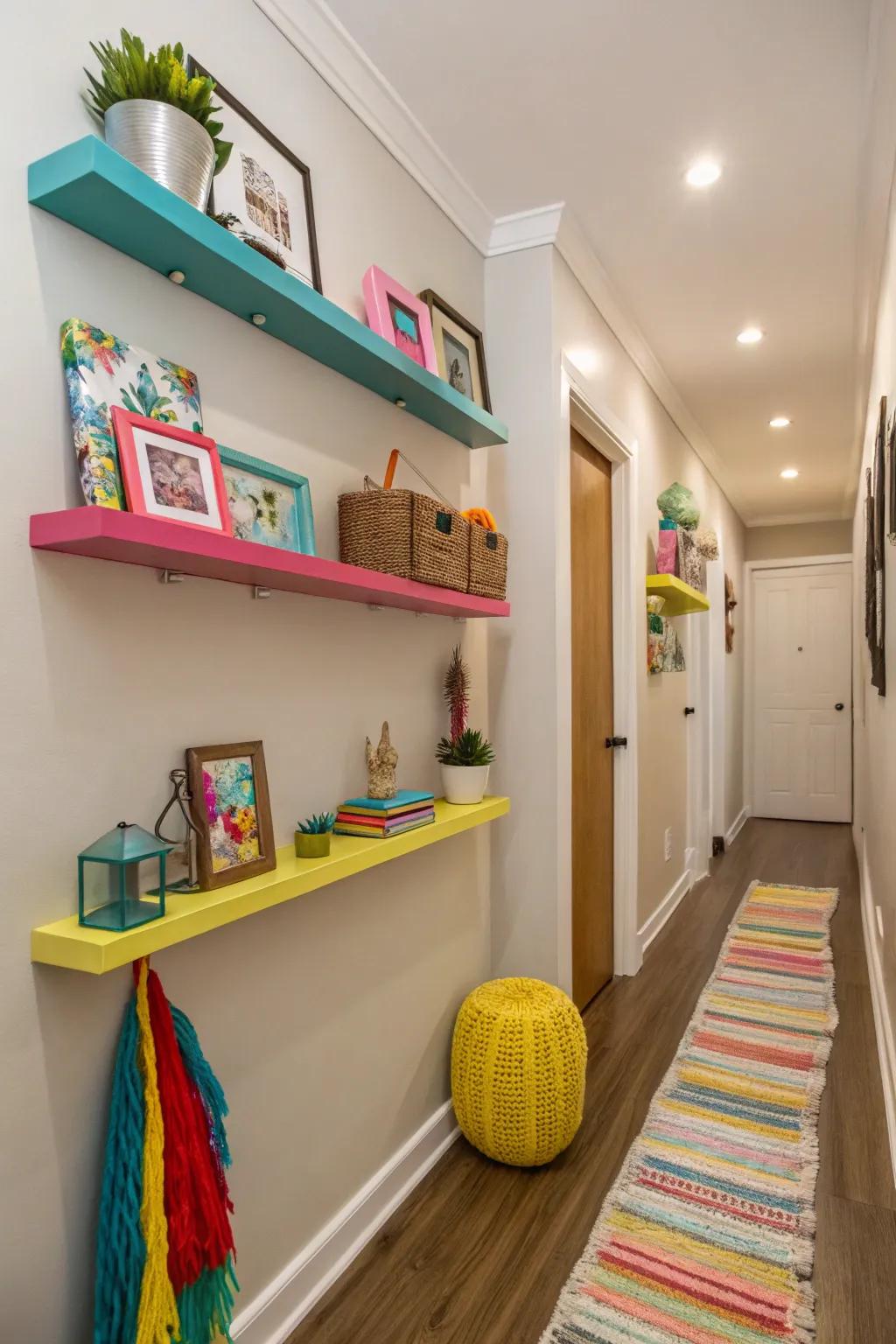 Introduce a splash of color using vibrant floating ledges.