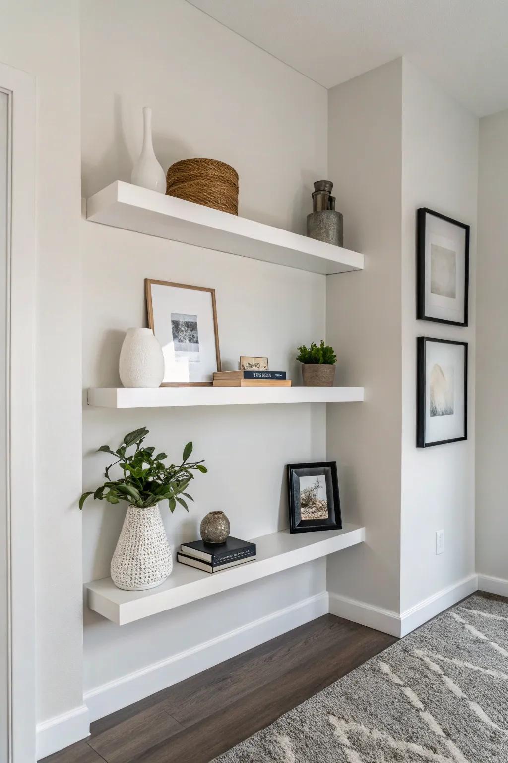 A minimalist design using floating shelves for a clean and simple look.
