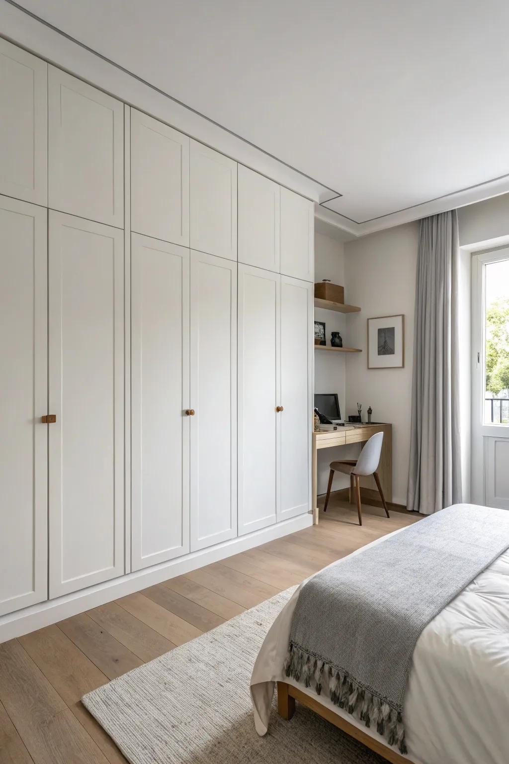 Unnoticeable closet panels create a neat, minimalist aesthetic.