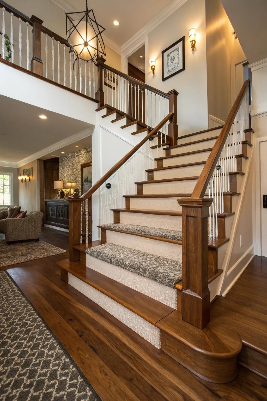 Combining wood and carpeting on stairs delivers a one-of-a-kind and elegant look.