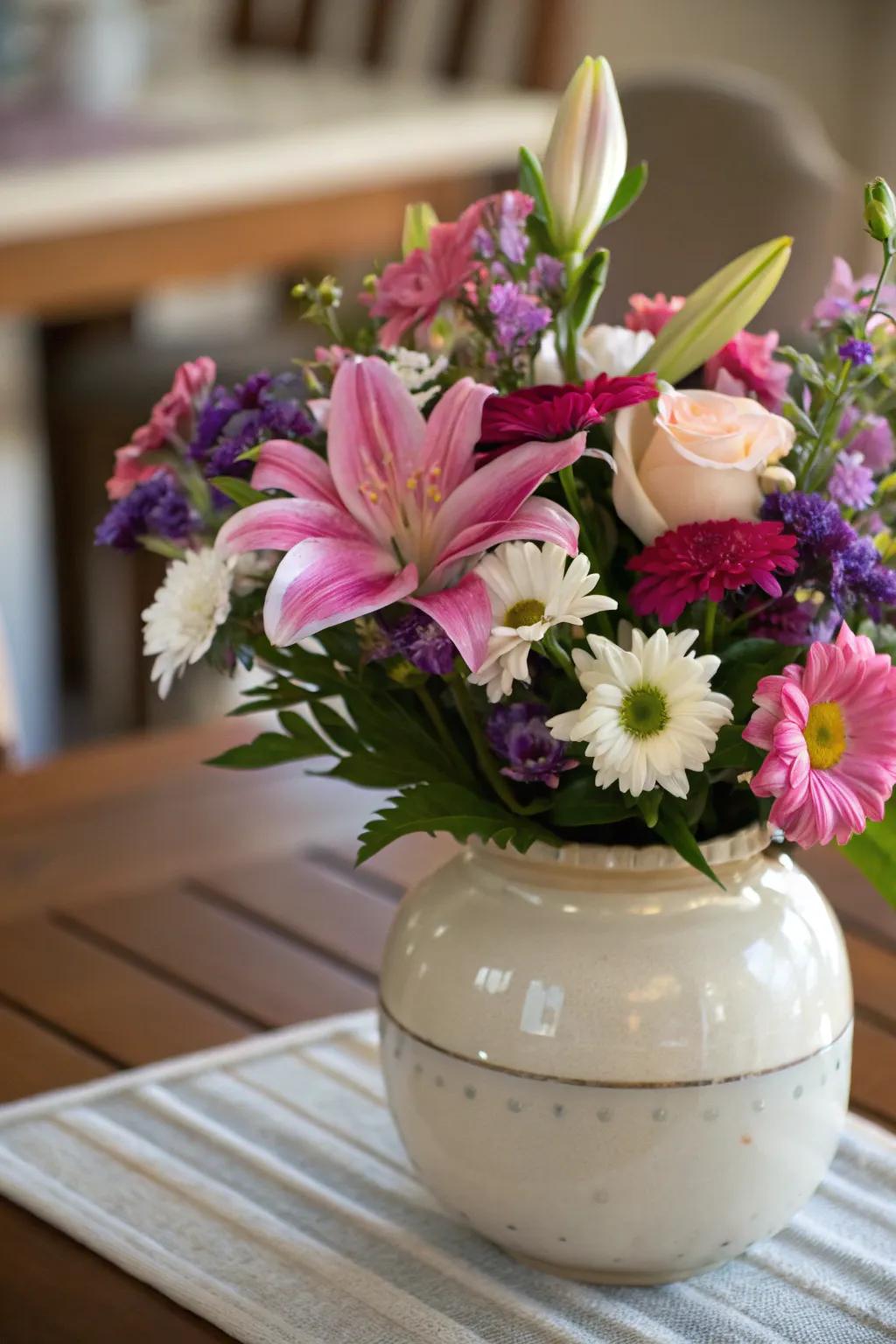 A floral centerpiece presented in a ceramic pot on a table.