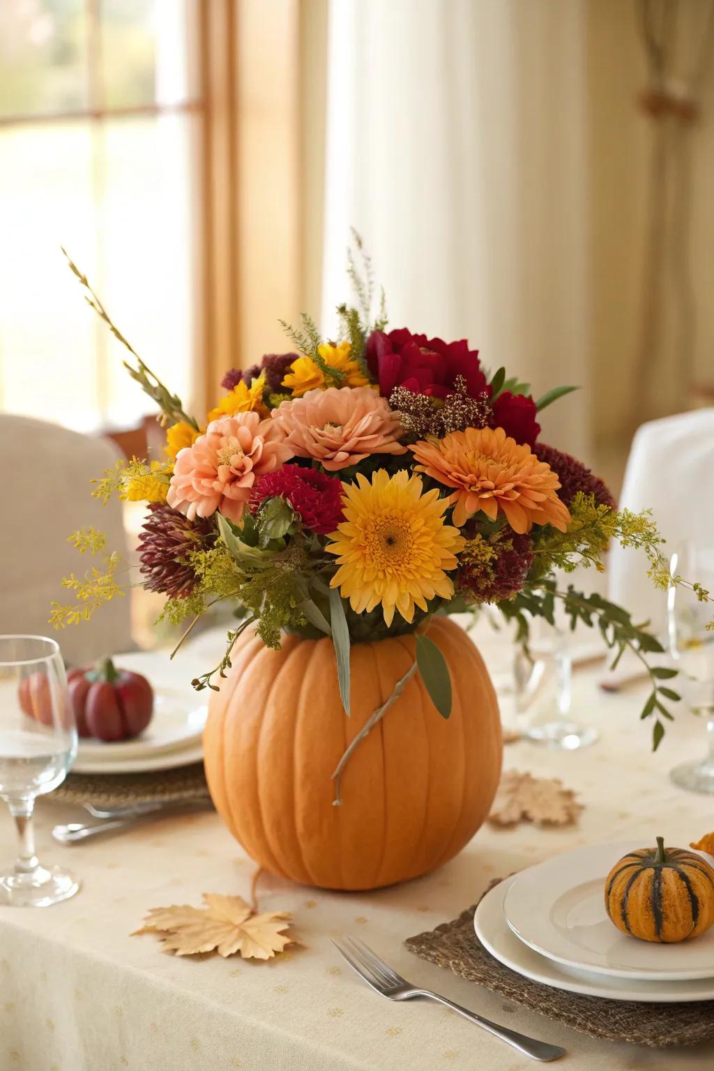 Autumn floral focal point in a gourd holder, introducing a seasonal element to the table.
