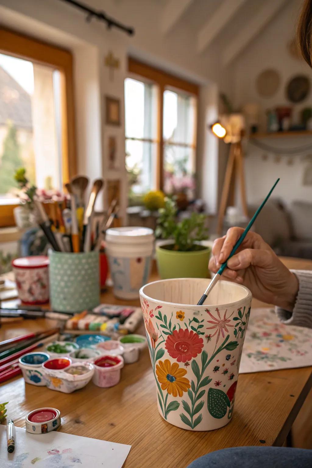 Craft your own floral mug artwork for a personal touch.