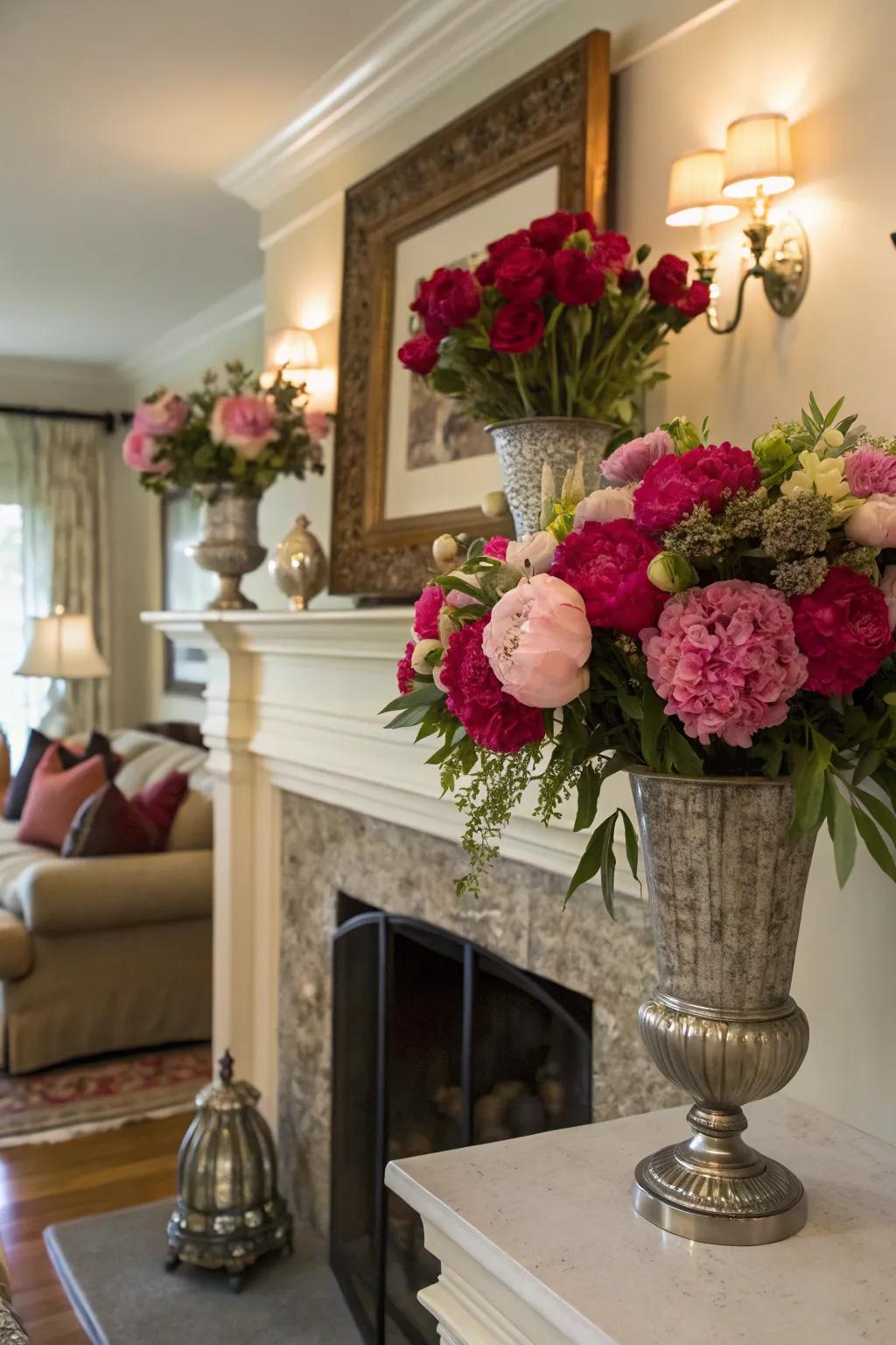 Seasonal blooms introduce a revitalizing impression to your fireplace.