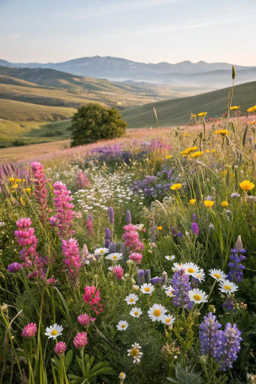 A natural wildflower meadow teeming with vibrant blooms.
