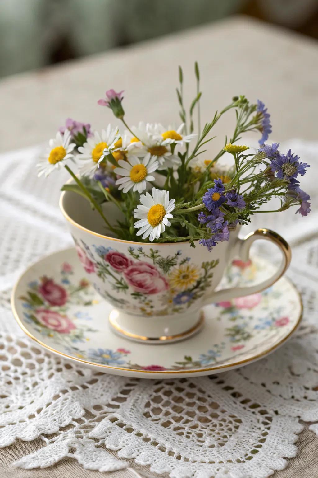 Antique cups: a delightful method for showcasing your cherished flowers.